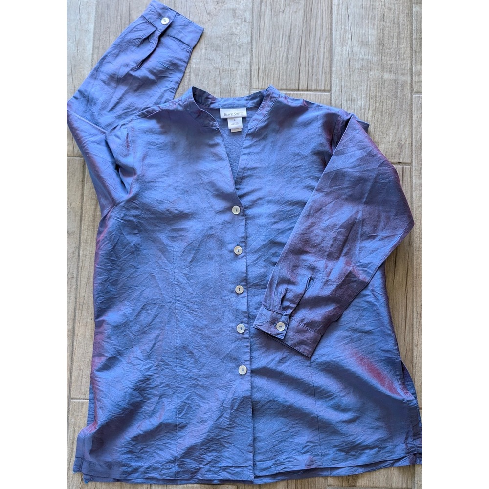 TravelSmith Womens Large Iridescent Blue Purple 100% Raw Silk Mandarin  Blouse L